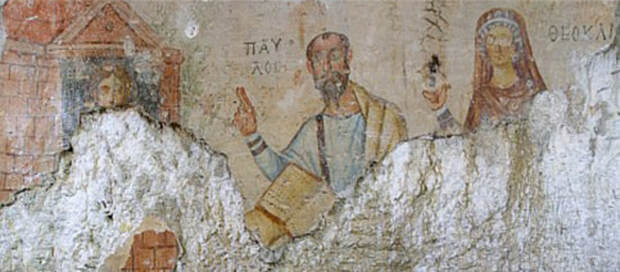 Saint Thecla, St. Paul and  Thecla's mother Theocleia depictions from the Cave of St. Paul in Ephesus
