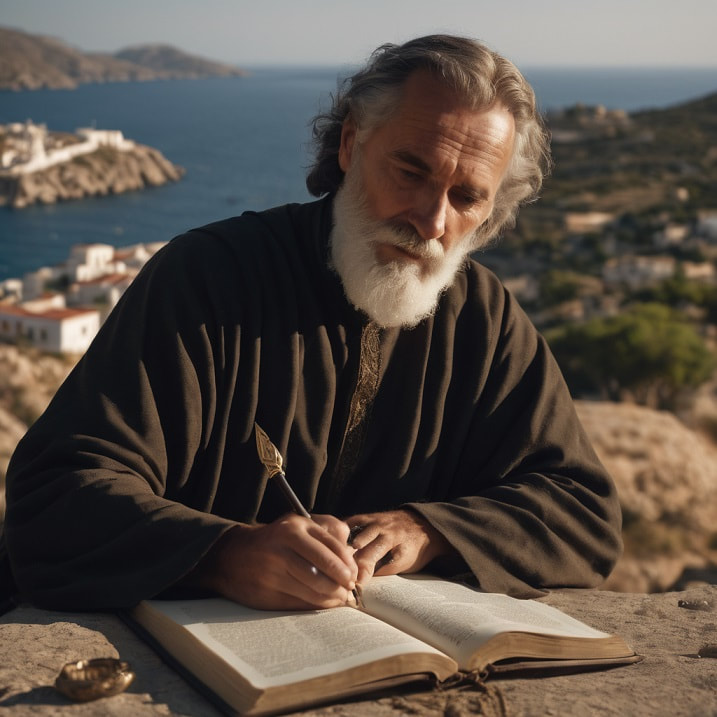 St. John writing the Book of Revelation in the island of Patmos